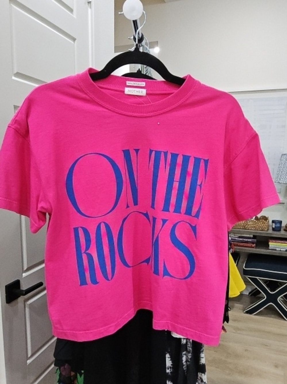 MOTHER Graphic Tee - Hot Pink with Blue Print